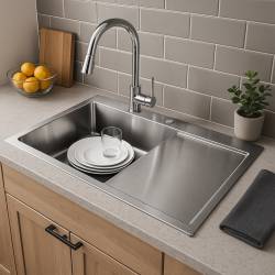 ZLEW KUCHENNY ZLEWOZMYWAK JENOKOMOROWY Z OCIEKACZEM STALOWY INOX MILOS-CH-78X48 DOZOWNIK SYFON UCHWYTY