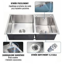 ZLEW KUCHENNY ZLEWOZMYWAK DWUKOMOROWY STALOWY CZARNY VISTA-BL-75X45 DOZOWNIK SYFON UCHWYTY