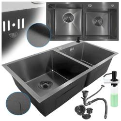 ZLEW KUCHENNY ZLEWOZMYWAK DWUKOMOROWY STALOWY CZARNY VISTA-BL-75X45 DOZOWNIK SYFON UCHWYTY