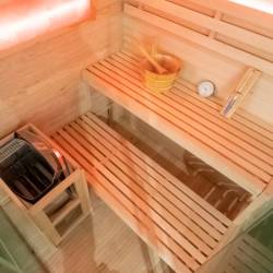 SAUNA FIŃSKA WYSOKOTEMPERATUROWA Z PIECEM LARK4-WD/HARVIA 6KW 4-5 OSOBOWA 150x150 CM