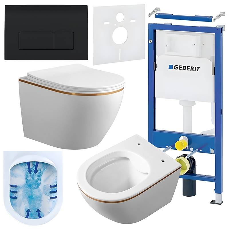 ZESTAW PODTYNKOWY WC STELAŻ GEBERIT DUOFIX MISKA MIZU-WH-GL-RIM-03 PRZYCISK DELTA 50 CZARNY POŁYSK