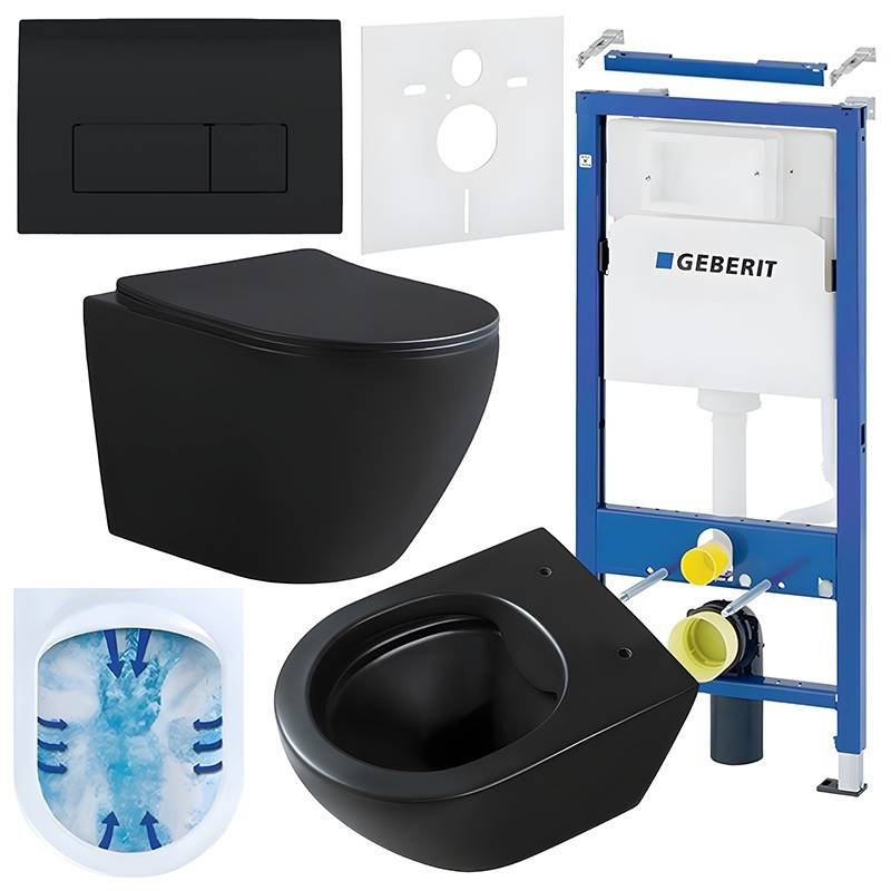 ZESTAW PODTYNKOWY WC STELAŻ GEBERIT DUOFIX MISKA MIZU-MTB-RIM-03 PRZYCISK DELTA 50 CZARNY POŁYSK