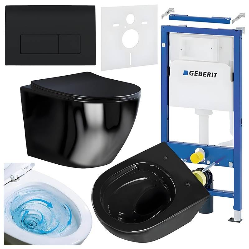 ZESTAW PODTYNKOWY WC STELAŻ GEBERIT DUOFIX MISKA FLOW-BL-TR-03 PRZYCISK DELTA 50 CZARNY POŁYSK