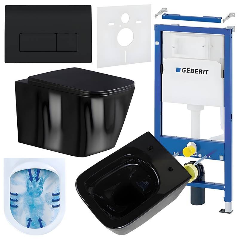ZESTAW PODTYNKOWY WC STELAŻ GEBERIT DUOFIX MISKA RAIN-BL-RIM-03 PRZYCISK DELTA 50 CZARNY POŁYSK