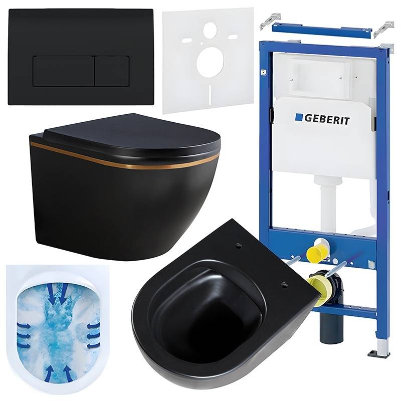 ZESTAW PODTYNKOWY WC STELAŻ GEBERIT DUOFIX MISKA PEAK-MTB-GL-RIM-02 PRZYCISK DELTA 50 CZARNY POŁYSK
