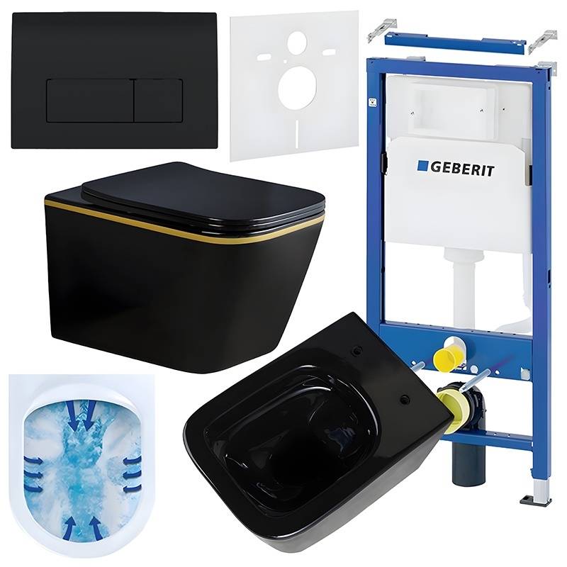 ZESTAW PODTYNKOWY WC STELAŻ GEBERIT DUOFIX MISKA RAIN-BL-GL-RIM-03 PRZYCISK DELTA 50 CZARNY POŁYSK
