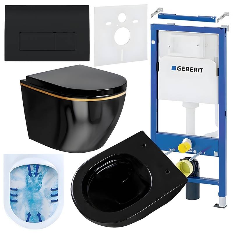 ZESTAW PODTYNKOWY WC STELAŻ GEBERIT DUOFIX MISKA MIZU-BL-GL-RIM-02 PRZYCISK DELTA 50 CZARNY POŁYSK