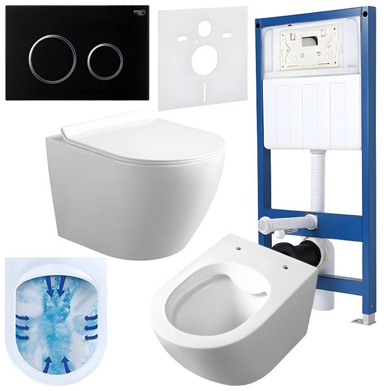 ZESTAW PODTYNKOWY WC STELAŻ HYDROSAN MISKA MIZU-WH-RIM-01 PRZYCISK BUTTON-4-BL CZARNY