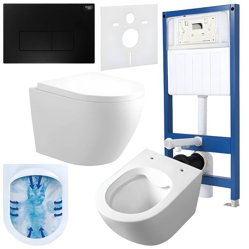 ZESTAW PODTYNKOWY WC STELAŻ HYDROSAN MISKA MIZU-WH-RIM-02 PRZYCISK BUTTON-5-BL CZARNY