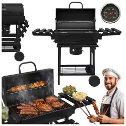 GRILL WĘGLOWY ZAMYKANY OGRODOWY Z PÓŁKAMI BLATEM POKRYWA BECZKA POPIELNIK VL19