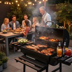 GRILL WĘGLOWY ZAMYKANY OGRODOWY Z PÓŁKAMI BLATEM POKRYWA BECZKA POPIELNIK VL19