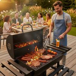 GRILL WĘGLOWY ZAMYKANY OGRODOWY Z PÓŁKAMI BLATEM POKRYWA BECZKA POPIELNIK VL19