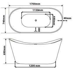 WANNA WOLNOSTOJĄCA RICA 513C CZARNA PRZELEW CHROM 170x75 CM RICA-513C-BL-170X75