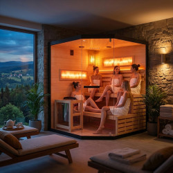 SAUNA FIŃSKA WYSOKOTEMPERATUROWA Z PIECEM LARK4/HARVIA 6KW 4-5 OSOBOWA 150x150 CM LARK4