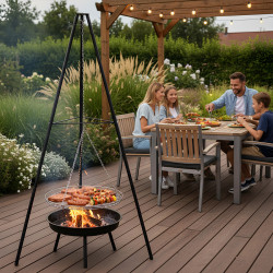 GRILL WĘGLOWY OGRODOWY PALENISKO OKRĄGŁY NISKI REGULACJA WYSOKOŚCI TRÓJNÓG
