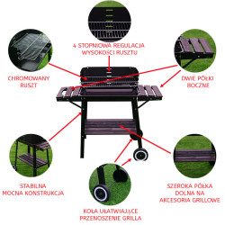 GRILL OGRODOWY WĘGLOWY Z OSŁONĄ I PÓŁKAMI VL06 CZARNY VL06-BLACK