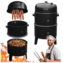 GRILL OGRODOWY WĘGLOWY WĘDZARNIA OGRODOWA Z TERMOMETREM 3W1 VL12 CZARNY VL12-BLACK