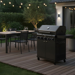 GRILL OGRODOWY GAZOWY Z POKRYWĄ I PÓŁKAMI ZEUS-D CZARNY RUSZT ŻELIWNY ZEUS-D