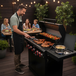 GRILL OGRODOWY GAZOWY Z POKRYWĄ I PÓŁKAMI ZEUS-D CZARNY RUSZT ŻELIWNY ZEUS-D