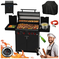 GRILL OGRODOWY GAZOWY Z POKRYWĄ I PÓŁKAMI ZEUS-C CZARNY RUSZT ŻELIWNY ZEUS-C