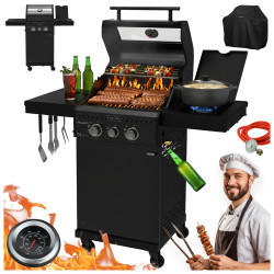 GRILL OGRODOWY GAZOWY Z POKRYWĄ I PÓŁKAMI ZEUS-A CZARNY RUSZT ŻELIWNY ZEUS-A