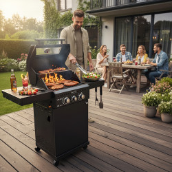 GRILL OGRODOWY GAZOWY Z POKRYWĄ I PÓŁKAMI ZEUS-A CZARNY RUSZT ŻELIWNY ZEUS-A