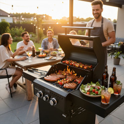 GRILL OGRODOWY GAZOWY Z POKRYWĄ I PÓŁKAMI ZEUS-A CZARNY RUSZT ŻELIWNY ZEUS-A