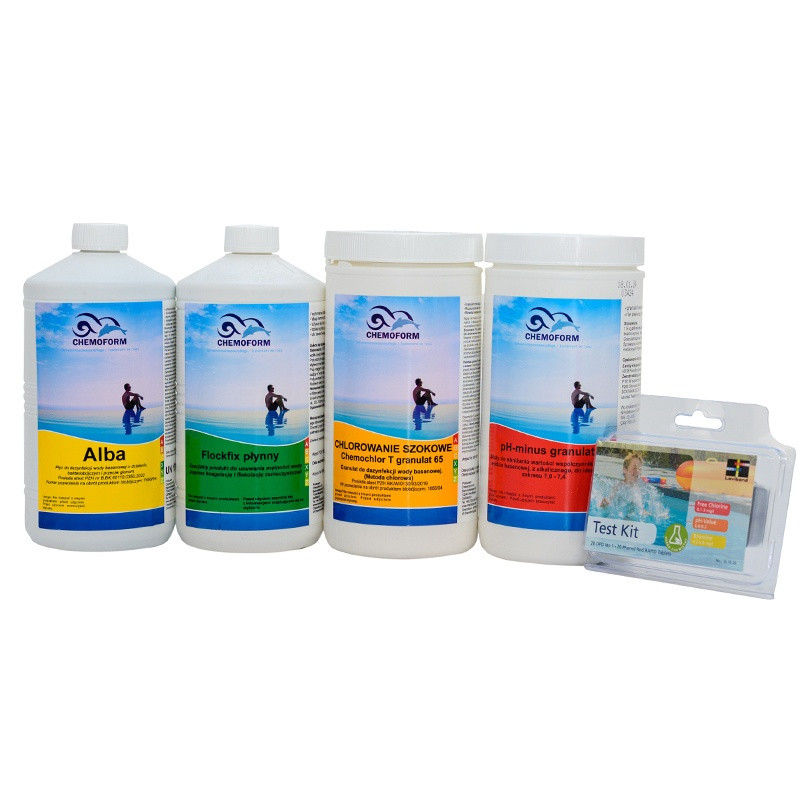 CHEMIA ZESTAW DO BASENU CHLOR SZOK PH MINUS FLOCKFIX ALBA TESTER STARTER SET2 STARTER-SET-2