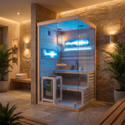 SAUNA FIŃSKA WYSOKOTEMPERATUROWA Z PIECEM LARK1-WD /HARVIA 3,5KW 1-2 OSOBOWA 120x120 CM