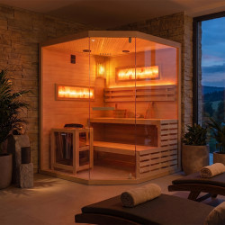 SAUNA FIŃSKA WYSOKOTEMPERATUROWA Z PIECEM LARK4-WD/HARVIA 6KW 4-5 OSOBOWA 150x150 CM