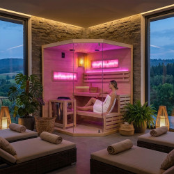 SAUNA FIŃSKA WYSOKOTEMPERATUROWA Z PIECEM LARK4-WD/HARVIA 6KW 4-5 OSOBOWA 150x150 CM