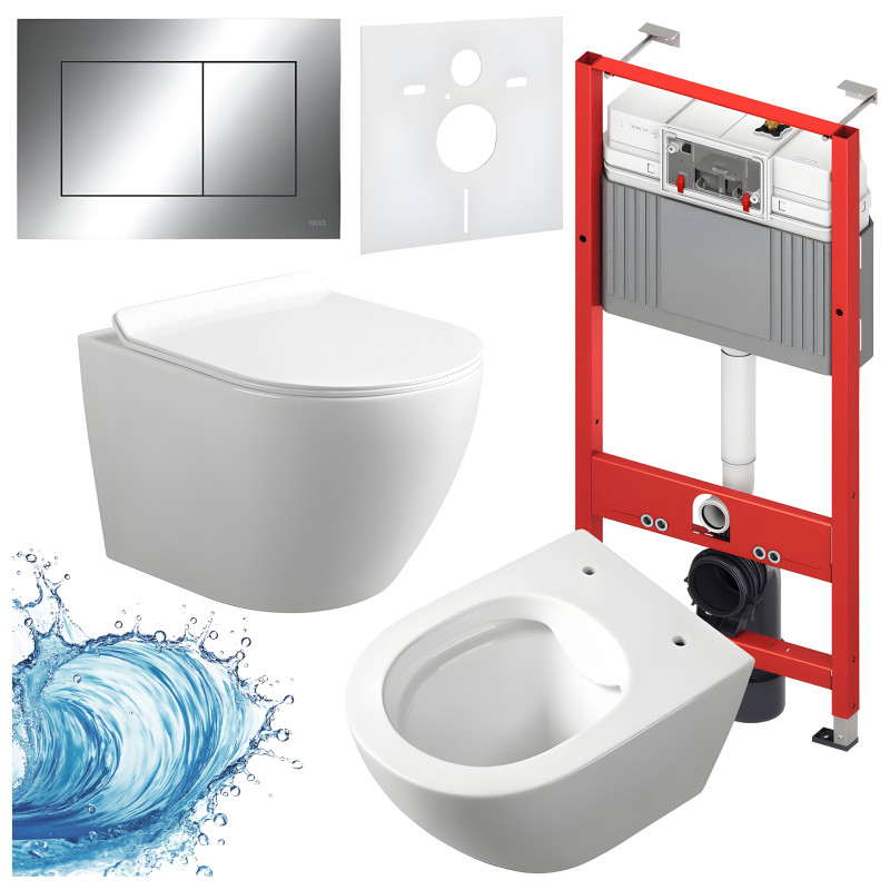 ZESTAW PODTYNKOWY WC STELAŻ TECE MISKA MIZU-WH-RIM-01 PRZYCISK TC-9240401 CHROM