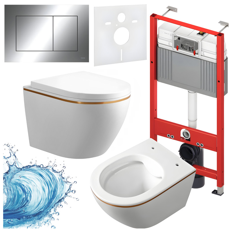 ZESTAW PODTYNKOWY WC STELAŻ TECE MISKA MIZU-WH-GL-RIM-02 PRZYCISK TC-9240401 CHROM