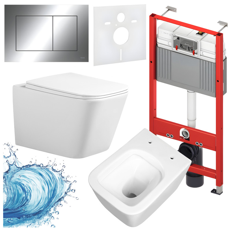 ZESTAW PODTYNKOWY WC STELAŻ TECE MISKA RAIN-WH-RIM-03 PRZYCISK TC-9240401 CHROM
