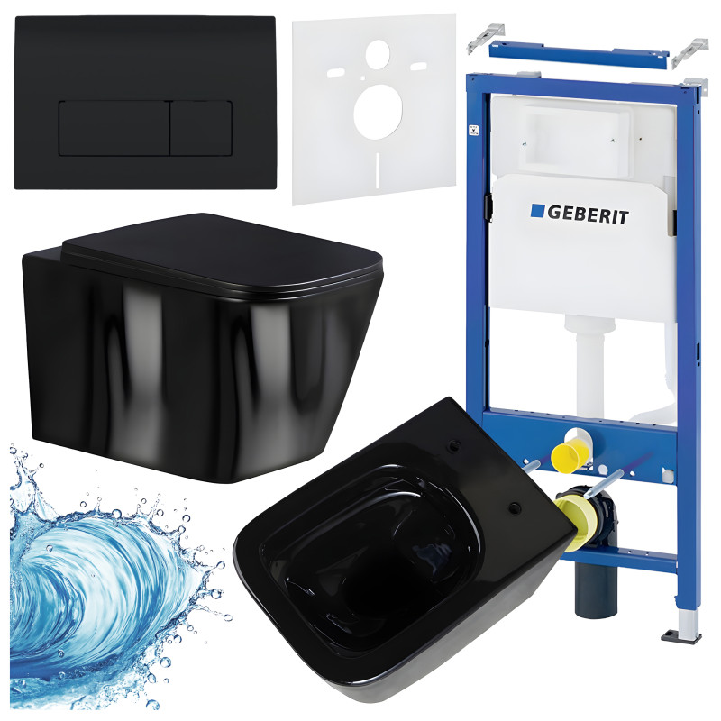 ZESTAW PODTYNKOWY WC STELAŻ GEBERIT DUOFIX MISKA RAIN-BL-RIM-03 PRZYCISK DELTA 50 CZARNY POŁYSK