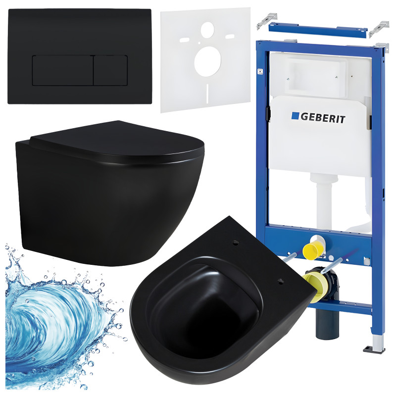 ZESTAW PODTYNKOWY WC STELAŻ GEBERIT DUOFIX MISKA PEAK-MTB-RIM-02 PRZYCISK DELTA 50 CZARNY POŁYSK