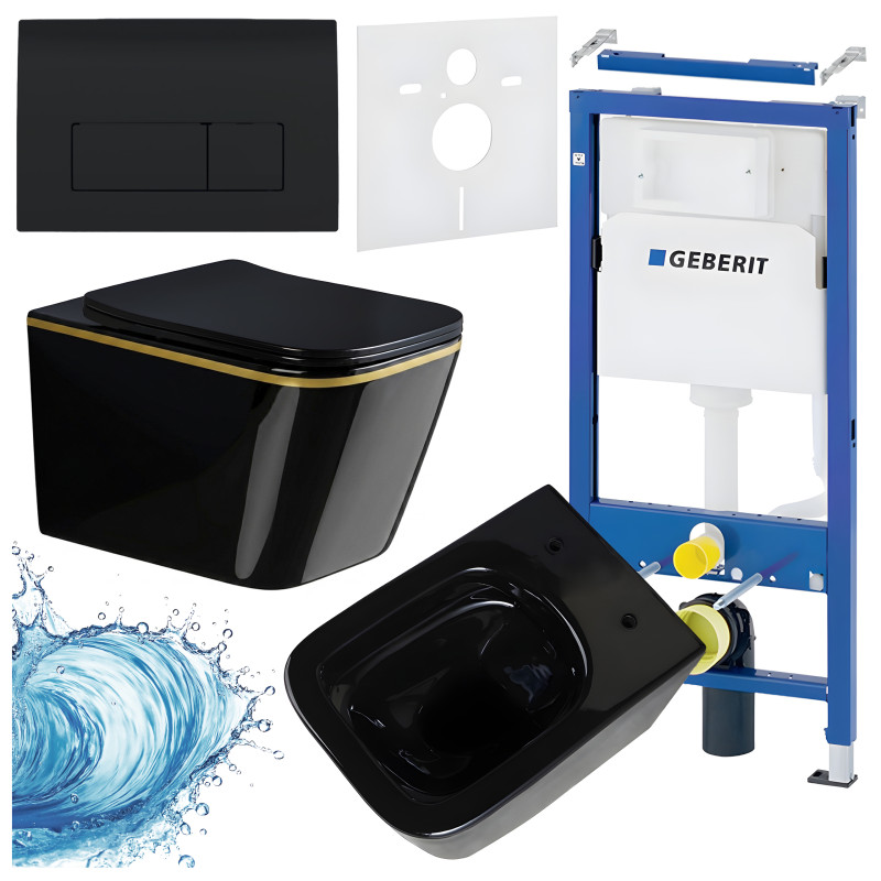 ZESTAW PODTYNKOWY WC STELAŻ GEBERIT DUOFIX MISKA RAIN-BL-GL-RIM-03 PRZYCISK DELTA 50 CZARNY POŁYSK