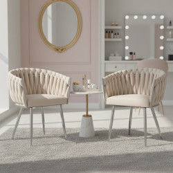 FOTEL KRZESŁO WELUROWE TAPICEROWANE RISO ECRU NOGI CHROM RISO-EC-CH