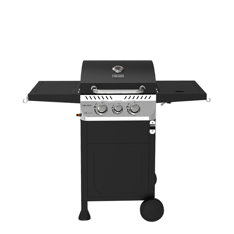 GRILL OGRODOWY GAZOWY Z POKRYWĄ I PÓŁKAMI APOLLO-A CZARNY RUSZT ŻELIWNY 8,5 KW APOLLO-A