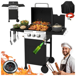 GRILL OGRODOWY GAZOWY Z POKRYWĄ I PÓŁKAMI APOLLO-A CZARNY RUSZT ŻELIWNY 8,5 KW APOLLO-A