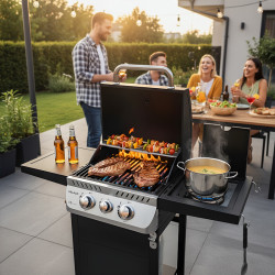 GRILL OGRODOWY GAZOWY Z POKRYWĄ I PÓŁKAMI APOLLO-A CZARNY RUSZT ŻELIWNY 8,5 KW APOLLO-A