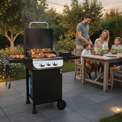 GRILL OGRODOWY GAZOWY Z POKRYWĄ I PÓŁKAMI APOLLO-A CZARNY RUSZT ŻELIWNY 8,5 KW APOLLO-A