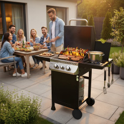 GRILL OGRODOWY GAZOWY Z POKRYWĄ I PÓŁKAMI APOLLO-A CZARNY RUSZT ŻELIWNY 8,5 KW APOLLO-A
