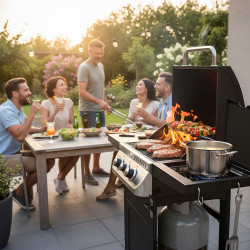 GRILL OGRODOWY GAZOWY Z POKRYWĄ I PÓŁKAMI APOLLO-A CZARNY RUSZT ŻELIWNY 8,5 KW APOLLO-A