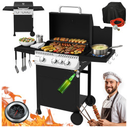 GRILL OGRODOWY GAZOWY Z POKRYWĄ I PÓŁKAMI APOLLO-B CZARNY RUSZT ŻELIWNY 11,5 KW APOLLO-B