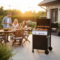 GRILL OGRODOWY GAZOWY Z POKRYWĄ I PÓŁKAMI APOLLO-B CZARNY RUSZT ŻELIWNY 11,5 KW APOLLO-B