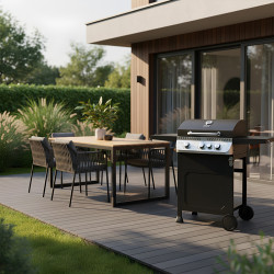 GRILL OGRODOWY GAZOWY Z POKRYWĄ I PÓŁKAMI APOLLO-B CZARNY RUSZT ŻELIWNY 11,5 KW APOLLO-B