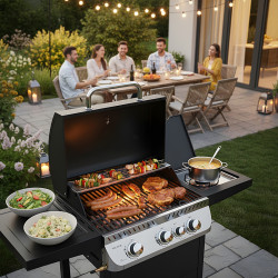 GRILL OGRODOWY GAZOWY Z POKRYWĄ I PÓŁKAMI APOLLO-B CZARNY RUSZT ŻELIWNY 11,5 KW APOLLO-B