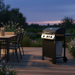 GRILL OGRODOWY GAZOWY Z POKRYWĄ I PÓŁKAMI APOLLO-B CZARNY RUSZT ŻELIWNY 11,5 KW APOLLO-B