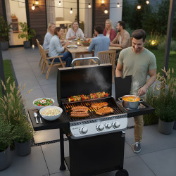 GRILL OGRODOWY GAZOWY Z POKRYWĄ I PÓŁKAMI APOLLO-B CZARNY RUSZT ŻELIWNY 11,5 KW APOLLO-B